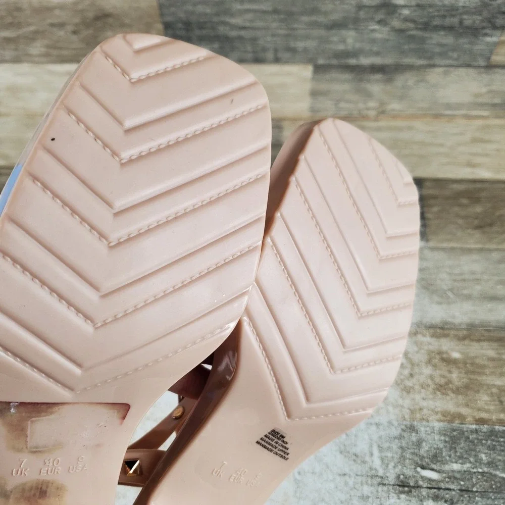 MIA Indi‎ Jelly Womens Sandals Sz 9 M Natural Ankle Strap Square Toe Block Heel